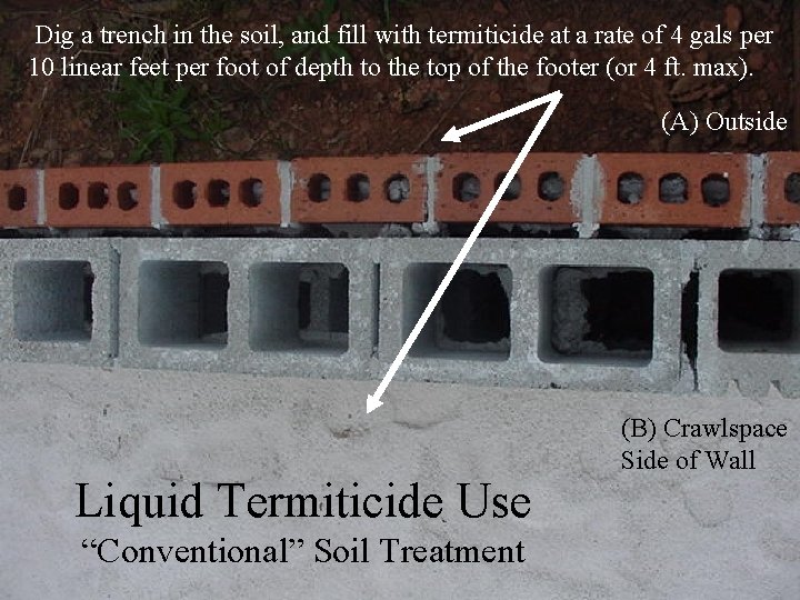 Dig a trench in the soil, and fill with termiticide at a rate of