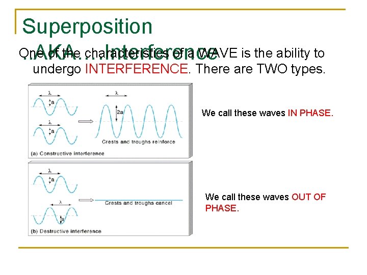 Superposition One of the characteristics of a WAVE is the ability to. . AKA…. Superposition One of the characteristics of a WAVE is the ability to. . AKA….