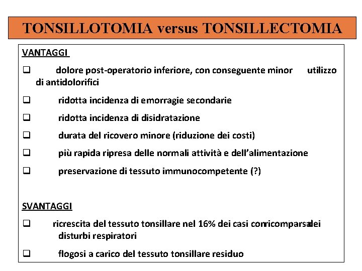 TONSILLOTOMIA versus TONSILLECTOMIA VANTAGGI q dolore post-operatorio inferiore, conseguente minor di antidolorifici utilizzo q