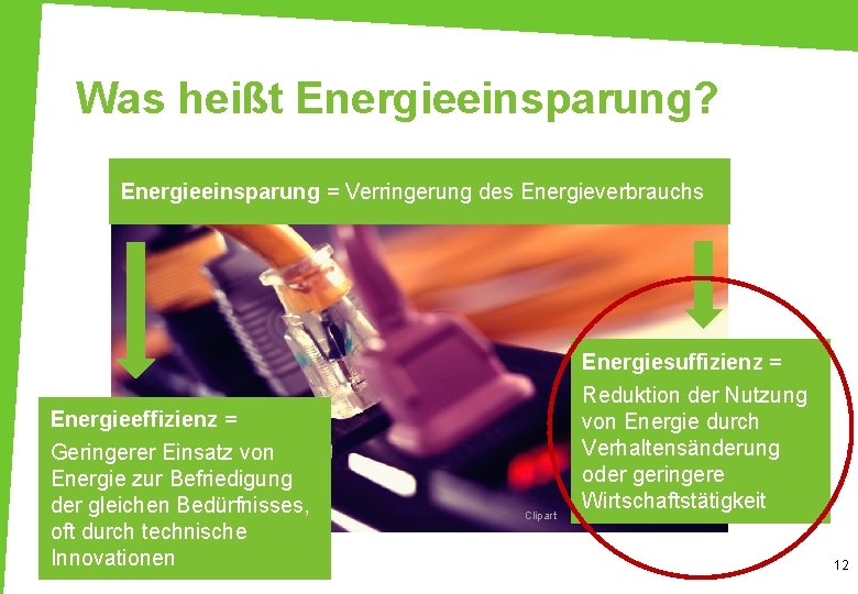Was heißt Energieeinsparung? Energieeinsparung = Verringerung des Energieverbrauchs Energieeffizienz = Geringerer Einsatz von Energie