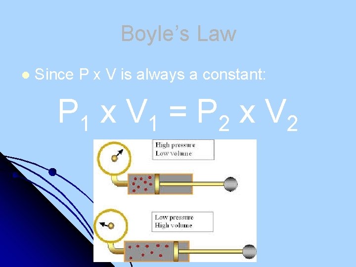 Boyle’s Law l Since P x V is always a constant: P 1 x