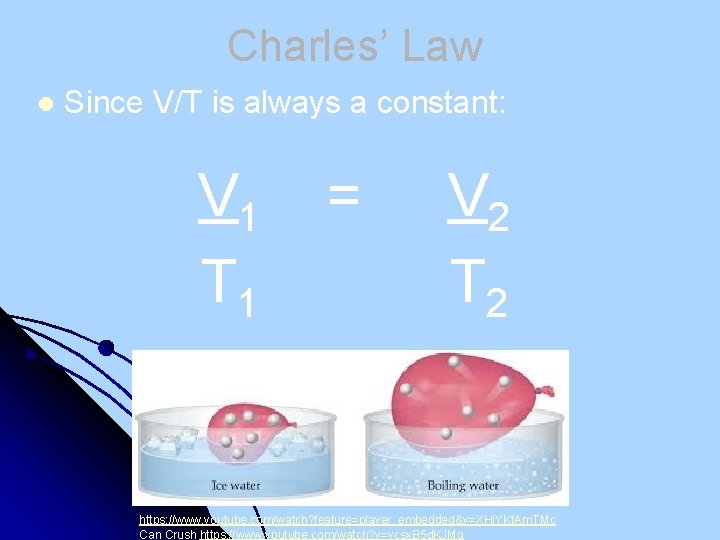 Charles’ Law l Since V/T is always a constant: V 1 = V 2