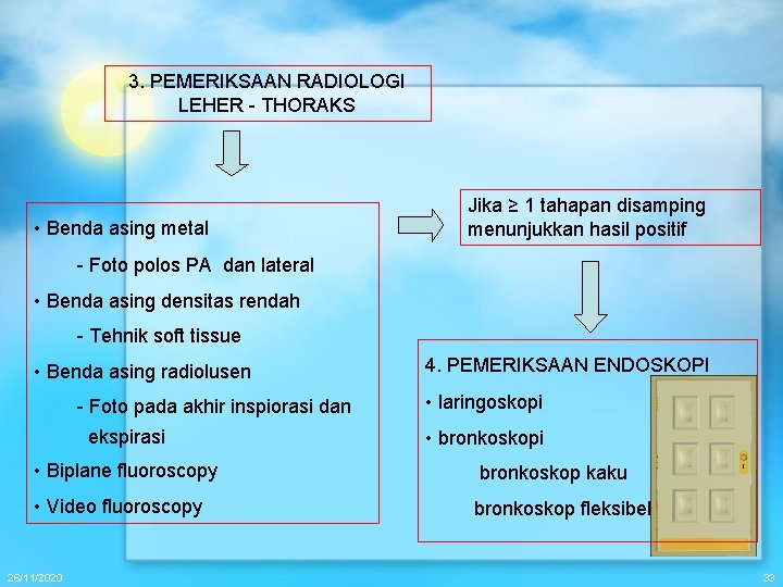 3. PEMERIKSAAN RADIOLOGI LEHER - THORAKS • Benda asing metal Jika ≥ 1 tahapan