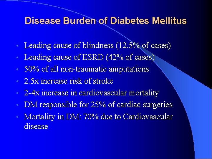Disease Burden of Diabetes Mellitus • • Leading cause of blindness (12. 5% of