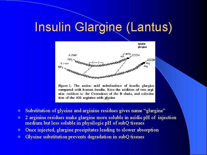 Insulin Glargine (Lantus) Substitution of glycine and arginine residues gives name “glargine” l 2