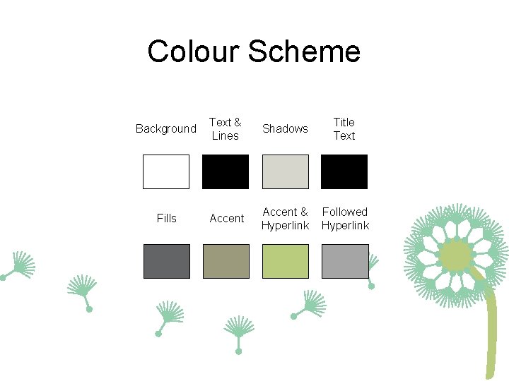 Colour Scheme Background Text & Lines Shadows Title Text Fills Accent & Hyperlink Followed