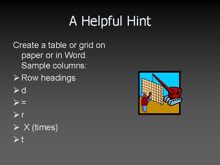 A Helpful Hint Create a table or grid on paper or in Word. Sample