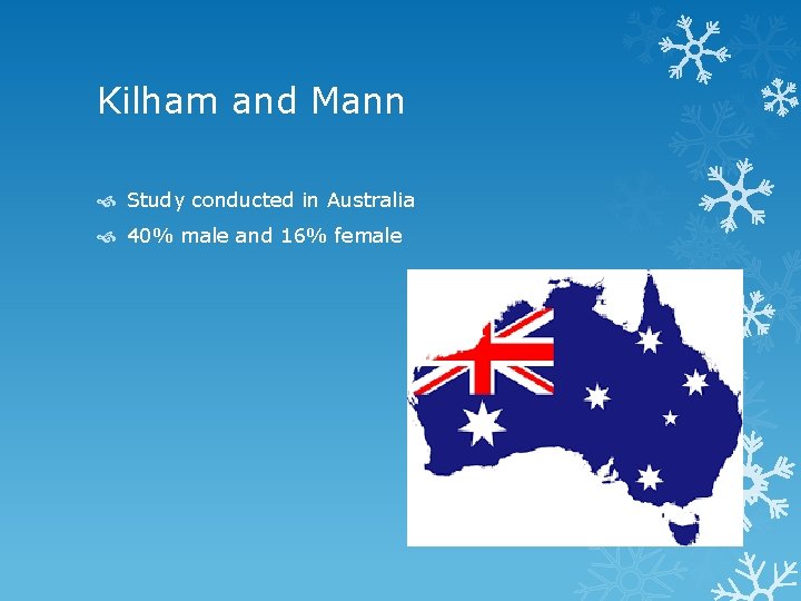 Kilham and Mann Study conducted in Australia 40% male and 16% female 