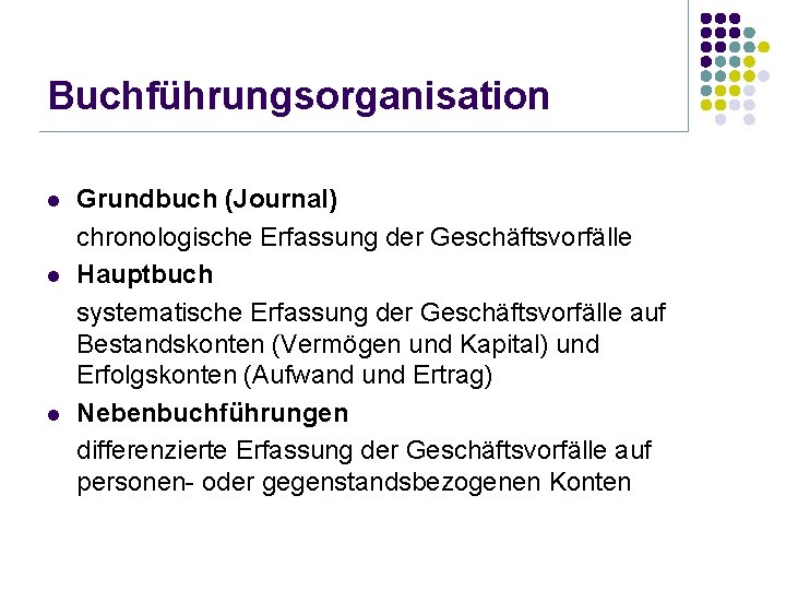 Buchführungsorganisation l l l Grundbuch (Journal) chronologische Erfassung der Geschäftsvorfälle Hauptbuch systematische Erfassung der