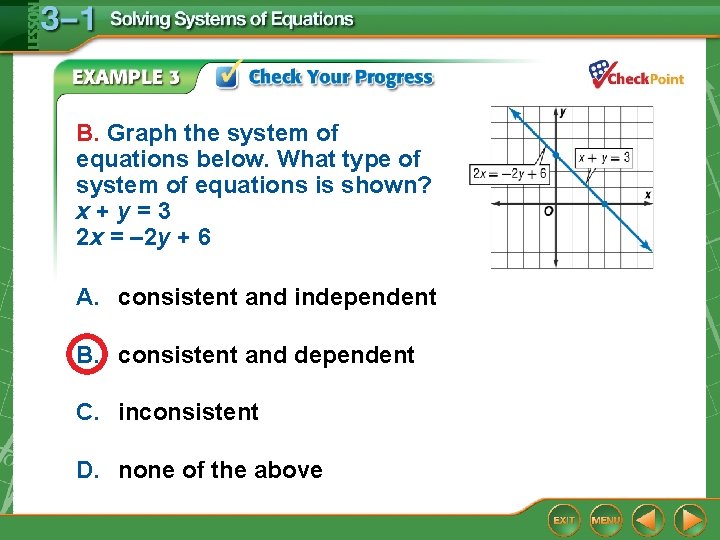 B. Graph the system of equations below. What type of system of equations is B. Graph the system of equations below. What type of system of equations is