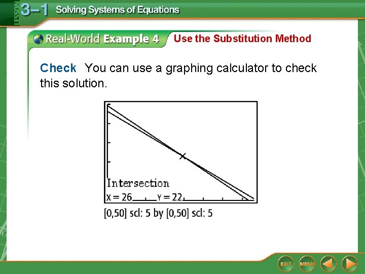 Use the Substitution Method Check You can use a graphing calculator to check this Use the Substitution Method Check You can use a graphing calculator to check this