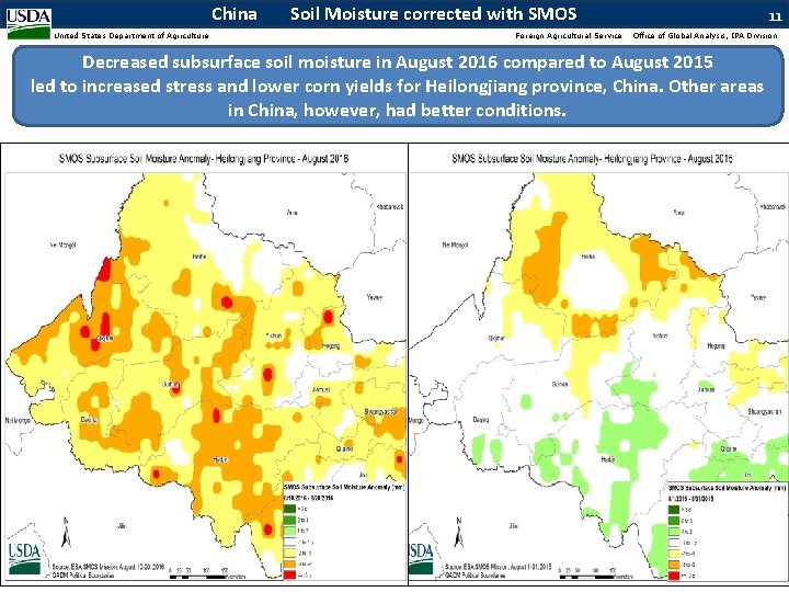 China United States Department of Agriculture Soil Moisture corrected with SMOS Foreign Agricultural Service