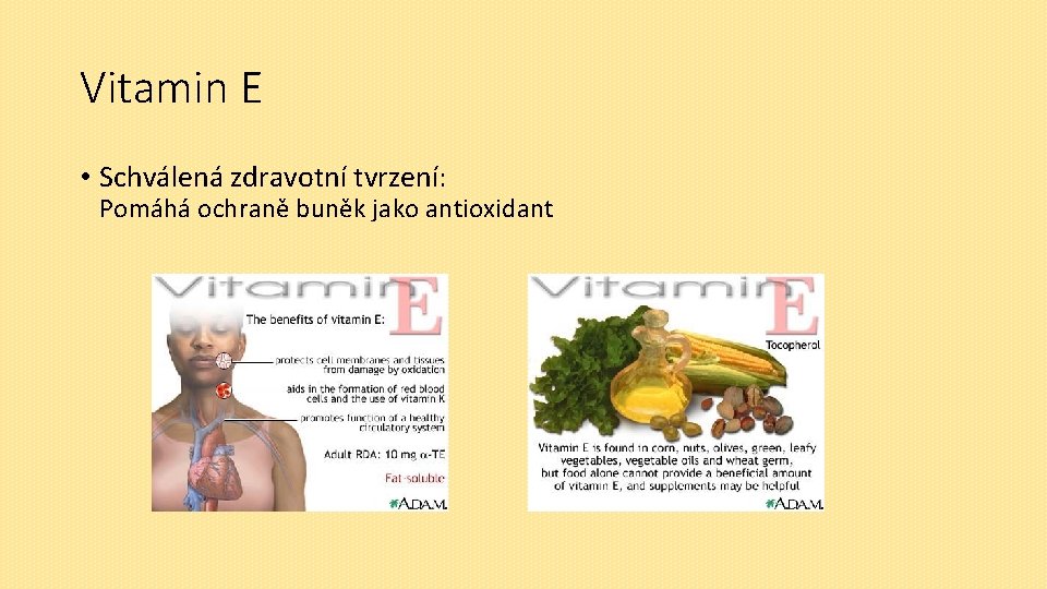 Vitamin E • Schválená zdravotní tvrzení: Pomáhá ochraně buněk jako antioxidant 