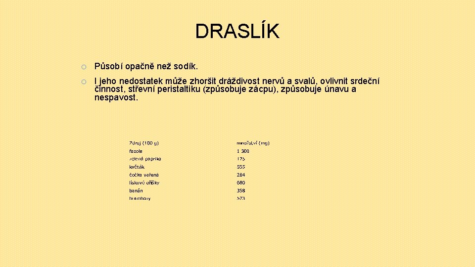 DRASLÍK o Působí opačně než sodík. o I jeho nedostatek může zhoršit dráždivost nervů