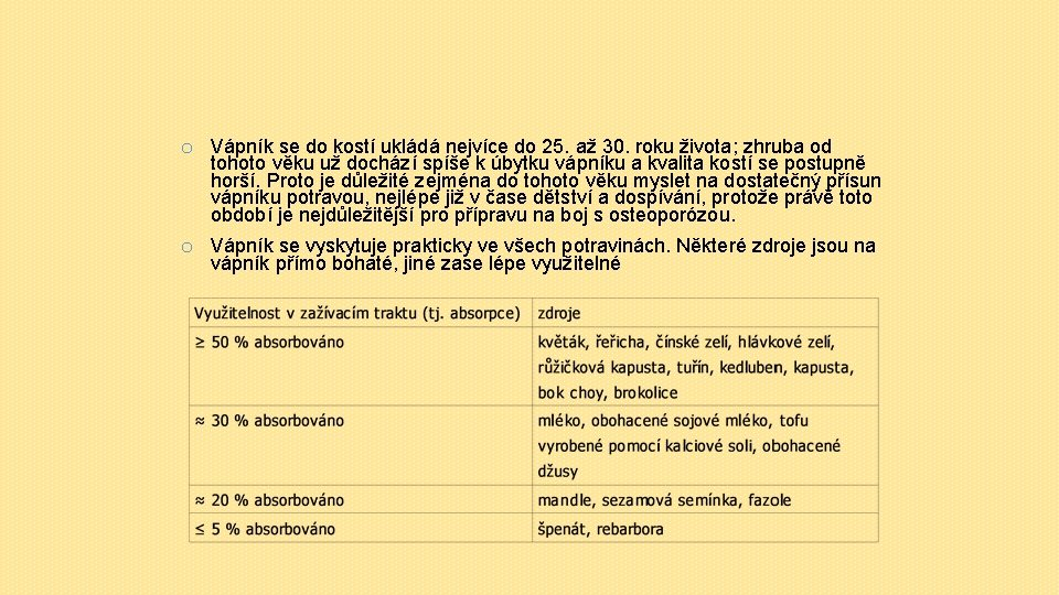 o Vápník se do kostí ukládá nejvíce do 25. až 30. roku života; zhruba