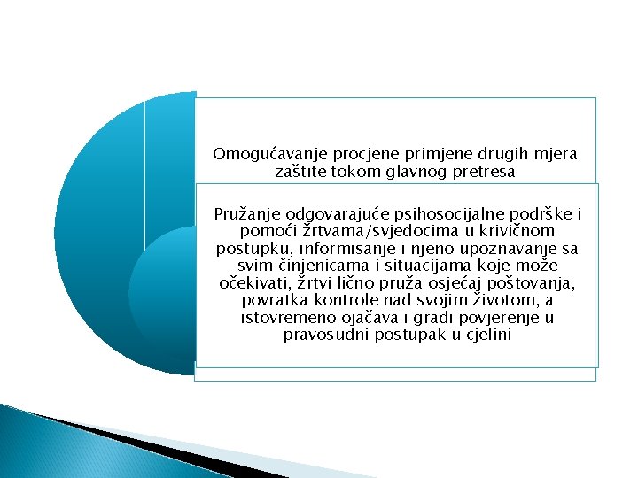 Omogućavanje procjene primjene drugih mjera zaštite tokom glavnog pretresa Pružanje odgovarajuće psihosocijalne podrške i