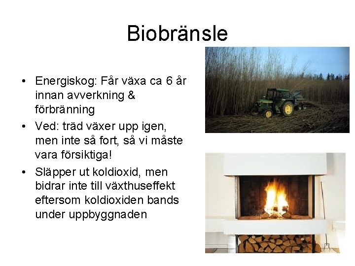 Biobränsle • Energiskog: Får växa ca 6 år innan avverkning & förbränning • Ved: