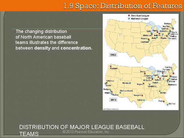 The changing distribution of North American baseball teams illustrates the difference between density and