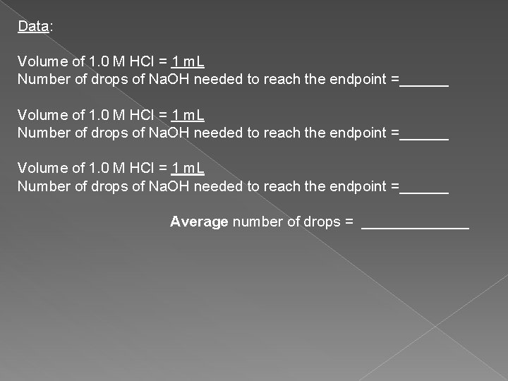 Data: Volume of 1. 0 M HCl = 1 m. L Number of drops