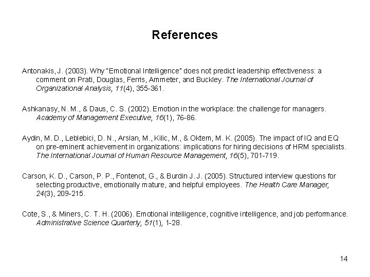 References Antonakis, J. (2003). Why “Emotional Intelligence” does not predict leadership effectiveness: a comment