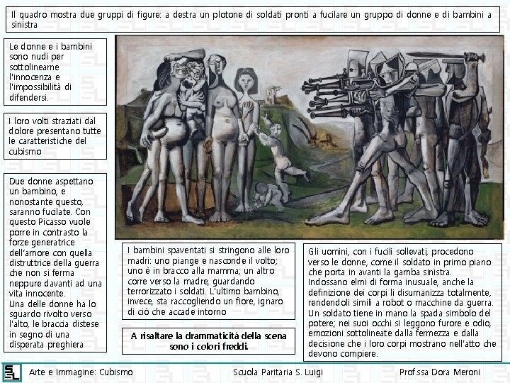 Il quadro mostra due gruppi di figure: a destra un plotone di soldati pronti