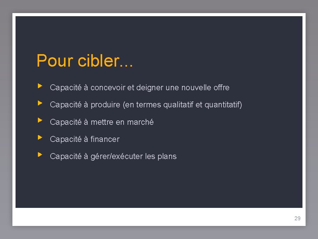 Pour cibler. . . Capacité à concevoir et deigner une nouvelle offre Capacité à