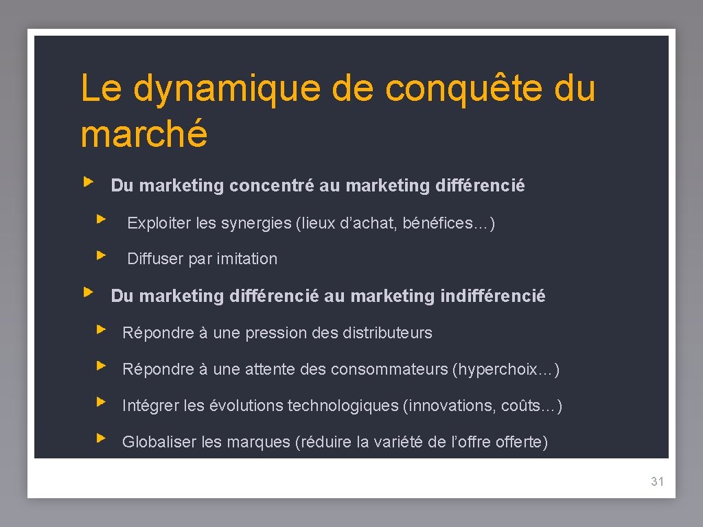 Le dynamique de conquête du marché Du marketing concentré au marketing différencié Exploiter les