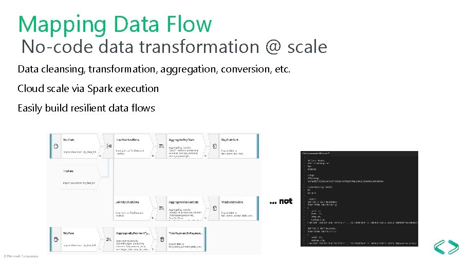 Mapping Data Flow No-code data transformation @ scale Data cleansing, transformation, aggregation, conversion, etc.