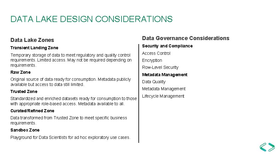 DATA LAKE DESIGN CONSIDERATIONS Data Lake Zones Data Governance Considerations Transient Landing Zone Security