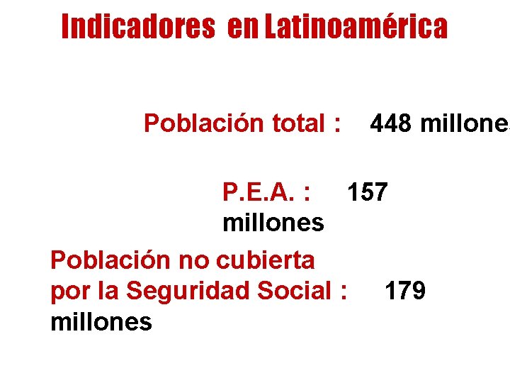 Indicadores en Latinoamérica Población total : 448 millones P. E. A. : 157 millones