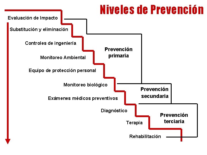 Niveles de Prevención Evaluación de Impacto Substitución y eliminación Controles de ingeniería Monitoreo Ambiental