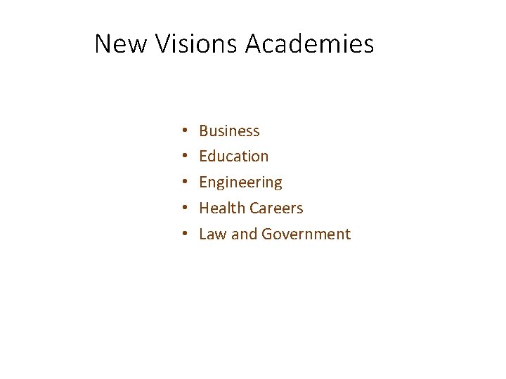 New Visions Academies • • • Business Education Engineering Health Careers Law and Government