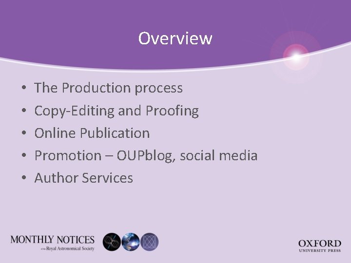 Overview • • • The Production process Copy-Editing and Proofing Online Publication Promotion –