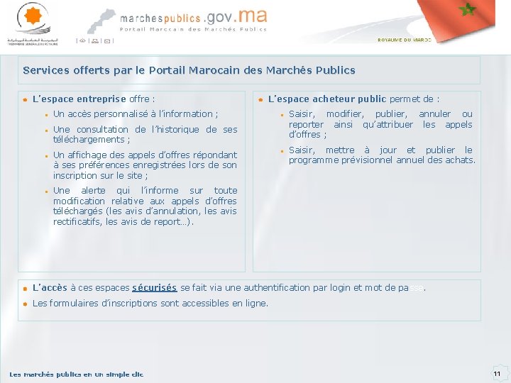 Services offerts par le Portail Marocain des Marchés Publics L’espace entreprise offre : L’espace