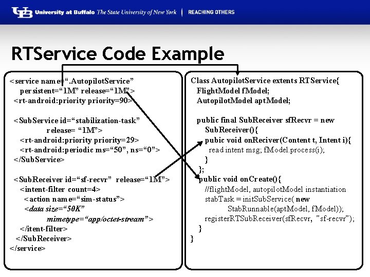 RTService Code Example <service name=“. Autopilot. Service” persistent=“ 1 M” release=“ 1 M”> <rt-android: