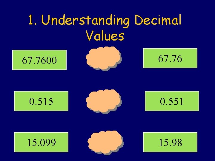 1. Understanding Decimal Values 67. 7600 67. 76 0. 515 0. 551 15. 099