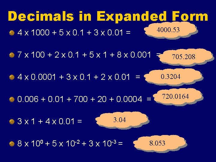 Decimals in Expanded Form 4000. 53 4 x 1000 + 5 x 0. 1