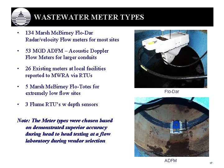 WASTEWATER METER TYPES • 134 Marsh Mc. Birney Flo-Dar Radar/velocity Flow meters for most