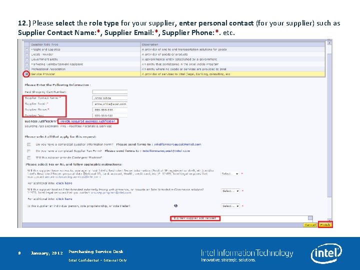 12. ) Please select the role type for your supplier, enter personal contact (for