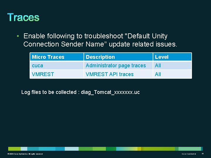  • Enable following to troubleshoot "Default Unity Connection Sender Name” update related issues.