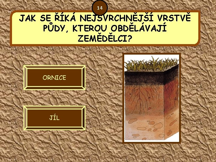 14 JAK SE ŘÍKÁ NEJSVRCHNĚJŠÍ VRSTVĚ PŮDY, KTEROU OBDĚLÁVAJÍ ZEMĚDĚLCI? ORNICE JÍL 