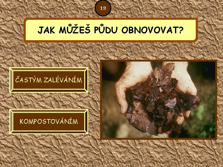 18 JAK MŮŽEŠ PŮDU OBNOVOVAT? ČASTÝM ZALÉVÁNÍM KOMPOSTOVÁNÍM 