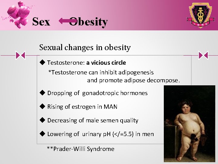 Sex Obesity Sexual changes in obesity ◆ Testosterone: a vicious circle *Testosterone can inhibit