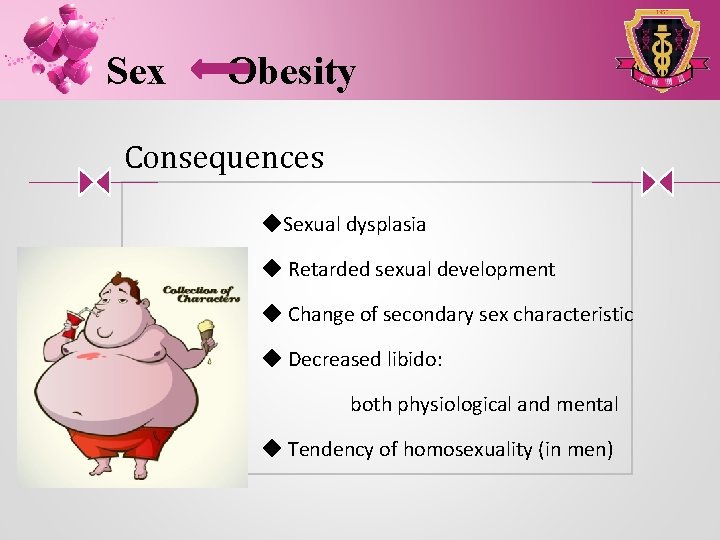Sex Obesity Consequences ◆Sexual dysplasia ◆ Retarded sexual development ◆ Change of secondary sex