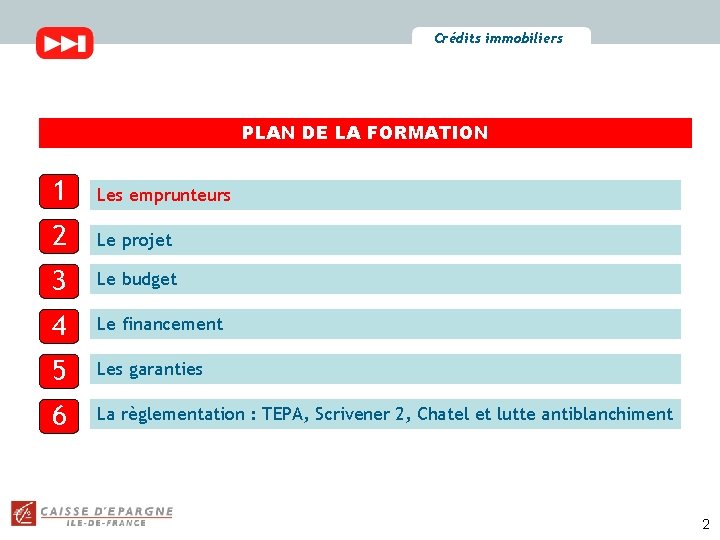 Crédits immobiliers PLAN DE LA FORMATION 1 Les emprunteurs 2 Le projet 3 Le