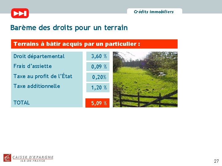 Crédits immobiliers Barème des droits pour un terrain Terrains à bâtir acquis par un