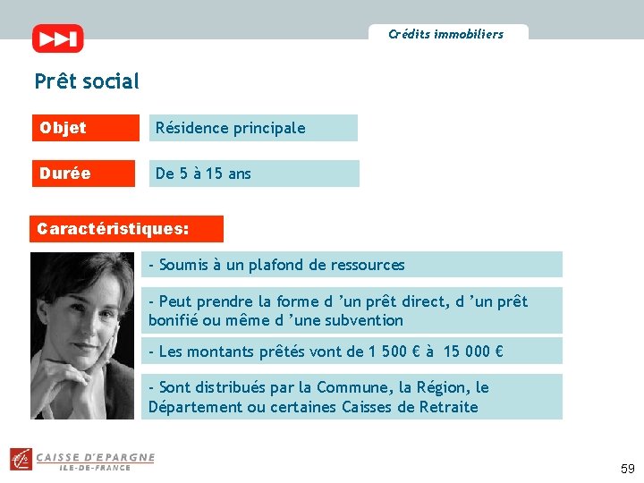 Crédits immobiliers Prêt social Objet Résidence principale Durée De 5 à 15 ans Caractéristiques: