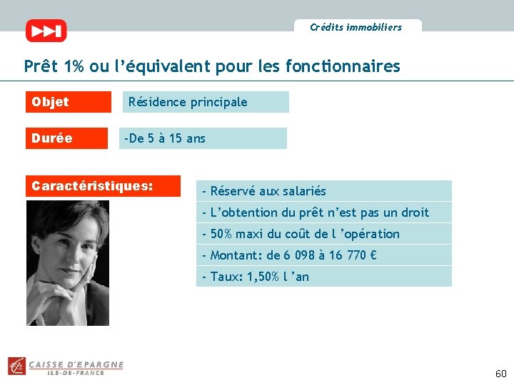 Crédits immobiliers Prêt 1% ou l’équivalent pour les fonctionnaires Objet Durée Résidence principale -De