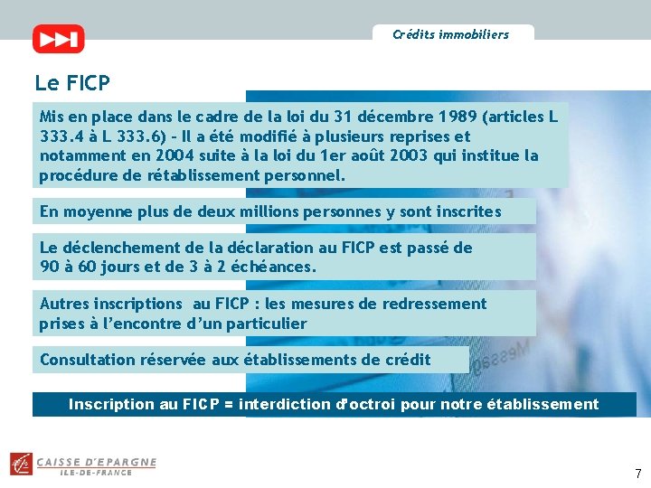 Crédits immobiliers Le FICP Mis en place dans le cadre de la loi du