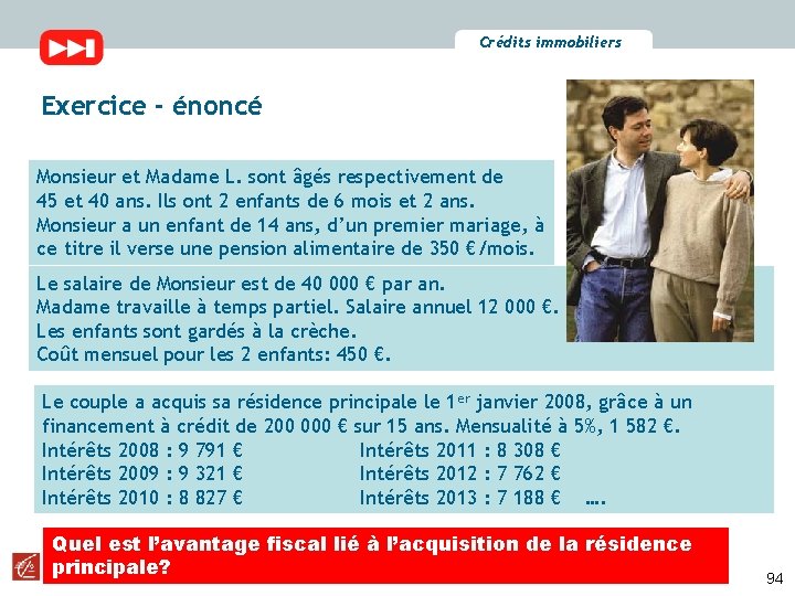 Crédits immobiliers Exercice - énoncé Monsieur et Madame L. sont âgés respectivement de 45